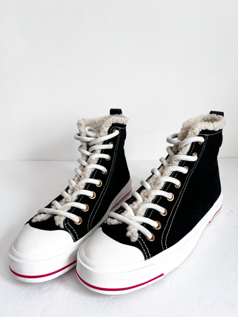 SZ 41 See By Chloe Black Suede Aryana Sherpa-Lined High-Top Sneakers